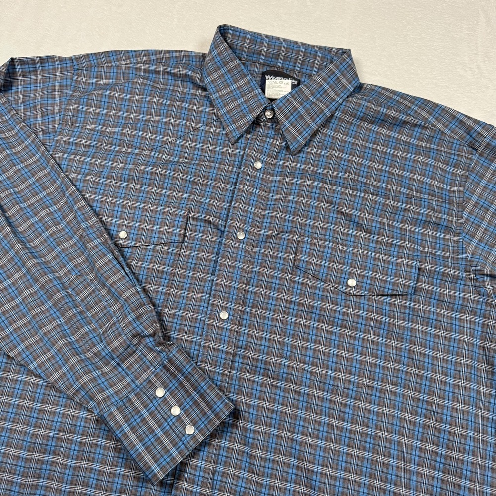 Wrangler Western Shirt Mens XXL‎ Blue Brown Plaid Pearl Snap Long Sleeve Cowboy